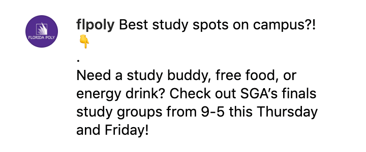 Best study spots on campus?! Need a study buddy, free food, or energy drink? check out SGA's finals study group from 9-5 this Thursday and Friday!